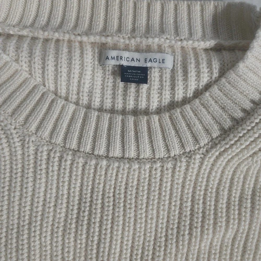 American Eagle Womens Medium Cream‎ Ribbed Knit Crewneck Sweater Drop Shoulder